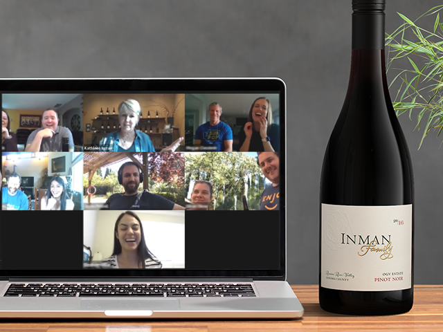 Laptop showing people on a zoom virtual wine tasting next to a bottle of OGV Estate Pinot Noir 